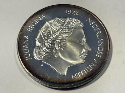 Netherlands Antilles 1973 Proof 25 Gulden Silver Coin KM#14 as Pictured. FREE DOMESTIC SHIPPING.