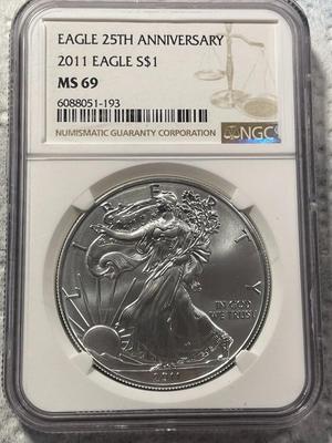 NGC CERTIFIED 2011 MS69 25TH ANNIVERSARY SILVER EAGLE DOLLAR AS PICTURED. FREE DOMESTIC SHIPPING.