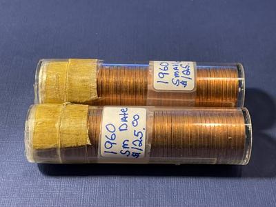 (2) 1960-P SMALL DATE CHOICE RED BU LINCOLN CENT ROLLS AS PICTURED. FREE DOMESTIC SHIPPING.