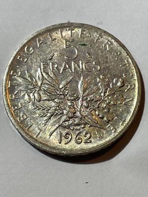 1962 Republic of France 5 Francs Silver Coin in AU/Uncirculated Condition as Pictured.