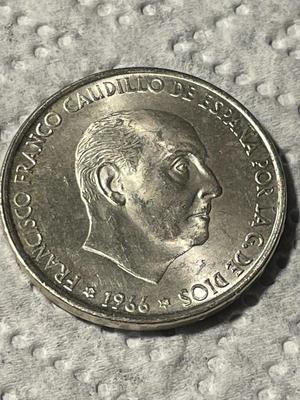 Spain First Year Issue (1966) AU Condition 100 Pesetas Large SILVER Coin Featuring General Bahamonde & Shield as Pic'd.