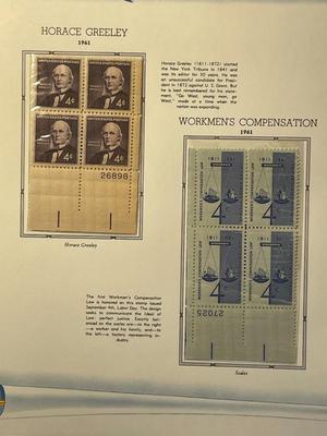 Horace Greeley & Workmen's Compensation 1961 Mint Condition US Stamp Plate Blocks Page as Pictured. Only One $5 Shipping Charge...