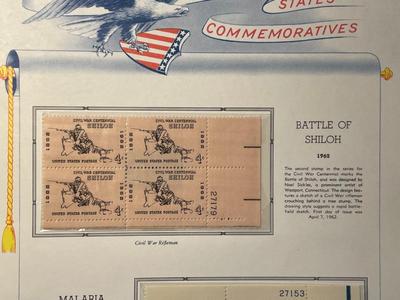 Battle of Shiloh & Malaria 1962 Mint Condition US Stamp Plate Blocks Page as Pictured. Only One $5 Shipping Charge for 1 or 100 Pages...