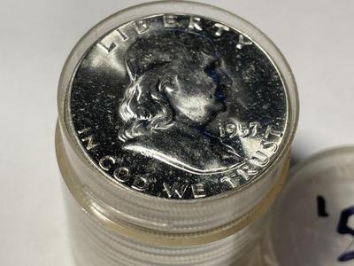 CHOICE BU ROLL OF (20) 1957 BRILLIANT UNCIRCULATED FRANKLIN SILVER HALF DOLLARS ORIGINAL! FREE DOMESTIC SHIPPING.