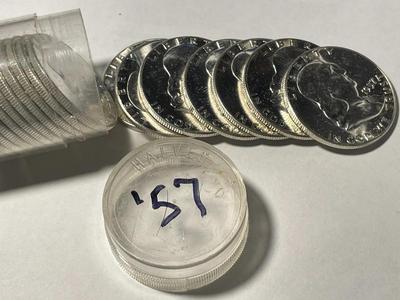 CHOICE BU ROLL OF (20) 1957 BRILLIANT UNCIRCULATED FRANKLIN SILVER HALF DOLLARS ORIGINAL! FREE DOMESTIC SHIPPING.