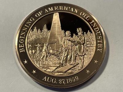 1859 BEGINNING OF AMERICAN OIL INDUSTRY FRANKLIN MINT PROOF BRONZE MEDAL (MEDAL #114). FREE DOMESTIC SHIPPING
