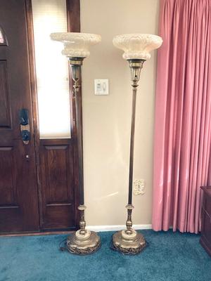 LOT 63: Pair of Vintage Brass / Onyx Torch Lamps