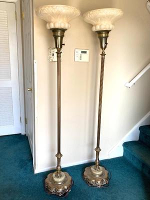 LOT 63: Pair of Vintage Brass / Onyx Torch Lamps