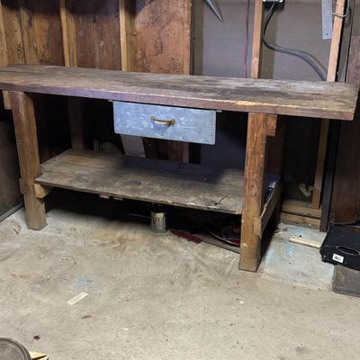 LOT 141: Wooden Handcrafted Heavy Duty Work Bench w/Draw & Tools