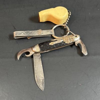 LOT 157: Vintage Greenlee Conduit Knockout Punch Set, Vintage Prince Albert Tobacco Tin, Whistles & Kamp-King Pen Knife