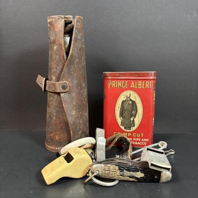 LOT 157: Vintage Greenlee Conduit Knockout Punch Set, Vintage Prince Albert Tobacco Tin, Whistles & Kamp-King Pen Knife