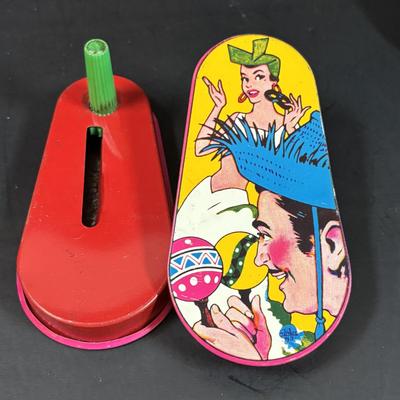 LOT 158: Vintage US Metal Toy Mg. Co, Noise Makers (qty 4), View Master Reels, Clown Toy & More