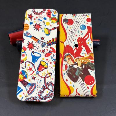 LOT 158: Vintage US Metal Toy Mg. Co, Noise Makers (qty 4), View Master Reels, Clown Toy & More