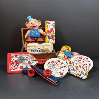 LOT 158: Vintage US Metal Toy Mg. Co, Noise Makers (qty 4), View Master Reels, Clown Toy & More