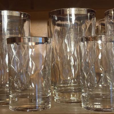 LOT 161: Vintage Silver Rimmed Glassware & Etched Glassware