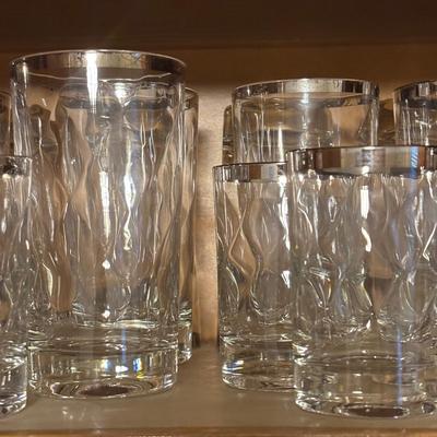 LOT 161: Vintage Silver Rimmed Glassware & Etched Glassware