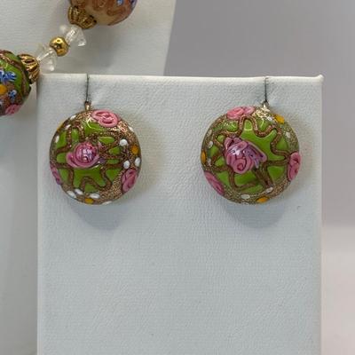 LOT 333: Wedding Cake Glass Beaded Necklace w/Matching Clip/Screw On Earrings