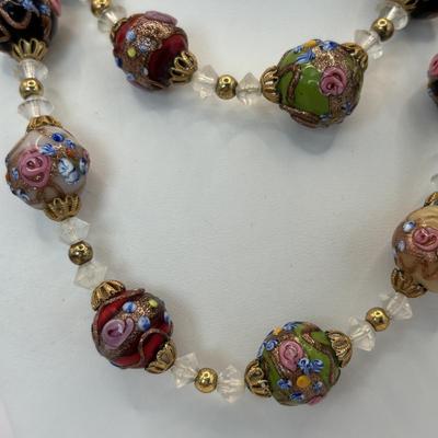 LOT 333: Wedding Cake Glass Beaded Necklace w/Matching Clip/Screw On Earrings