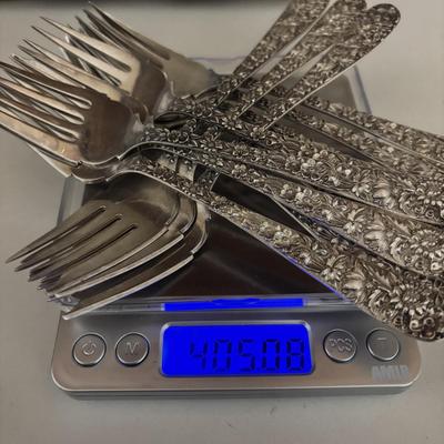 LOT 325: S..Kirk & Sons Co. Repousse Sterling Silver Forks w/Floral Design, 405.08g Tw