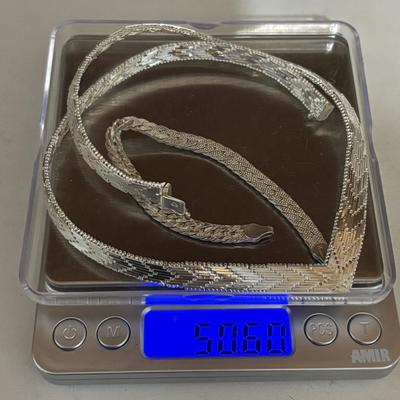 LOT 336: Sterling Silver (925 Italy) V-shaped Chevron Necklace & Sterling Silver 7" Bracelet w/No Clasp: 50.60g Tw