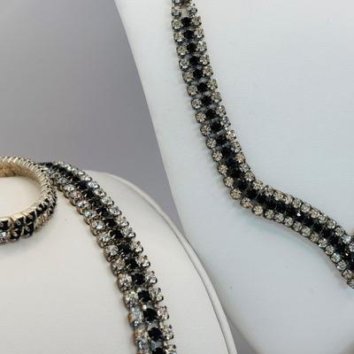 LOT 338: Vintage Silvertone Rhinestone V-Neck Choke Style Necklace & 6.5" Bracelet, Art Deco Style Rhinestone Brooch, Large...