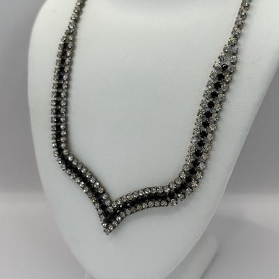 LOT 338: Vintage Silvertone Rhinestone V-Neck Choke Style Necklace & 6.5" Bracelet, Art Deco Style Rhinestone Brooch, Large...