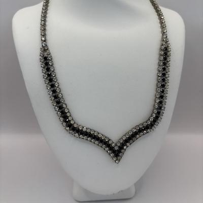 LOT 338: Vintage Silvertone Rhinestone V-Neck Choke Style Necklace & 6.5" Bracelet, Art Deco Style Rhinestone Brooch, Large...