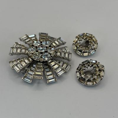 LOT 340 Silver Tone Multi Strand Necklace, Double Strand of Fauz Pearls, Rhinestone Brooch & Clip Earrings & Social Gallery...