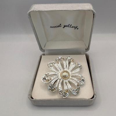 LOT 340 Silver Tone Multi Strand Necklace, Double Strand of Fauz Pearls, Rhinestone Brooch & Clip Earrings & Social Gallery...