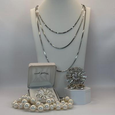 LOT 340 Silver Tone Multi Strand Necklace, Double Strand of Fauz Pearls, Rhinestone Brooch & Clip Earrings & Social Gallery...