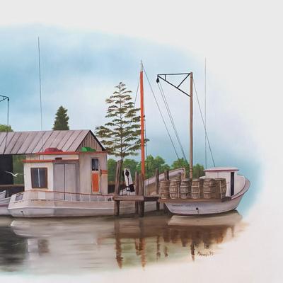 LOT 47L: Hugh Harris 'Packing House Scene' Large Oil Painting