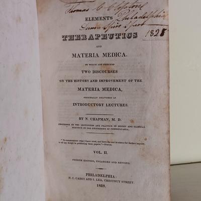 LOT 54L: Chapman's 1825 Therapeutics Vol. I and II, The Edinburgh New Dispensatory 1786 & More