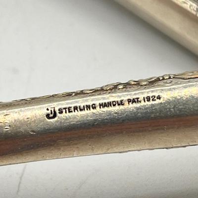 LOT 130K: Weighted Base Sterling Silver Creamer and Sugar Bowl + Sterling Handle Carving Set