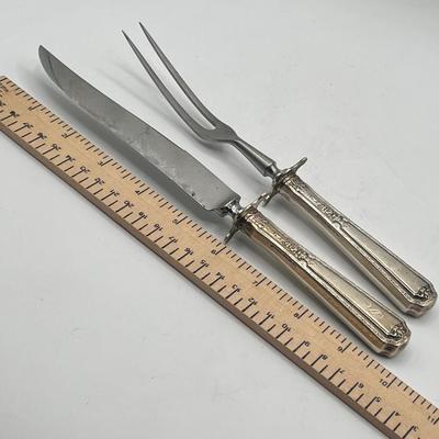 LOT 130K: Weighted Base Sterling Silver Creamer and Sugar Bowl + Sterling Handle Carving Set