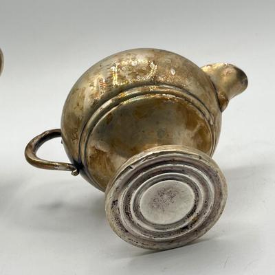 LOT 130K: Weighted Base Sterling Silver Creamer and Sugar Bowl + Sterling Handle Carving Set