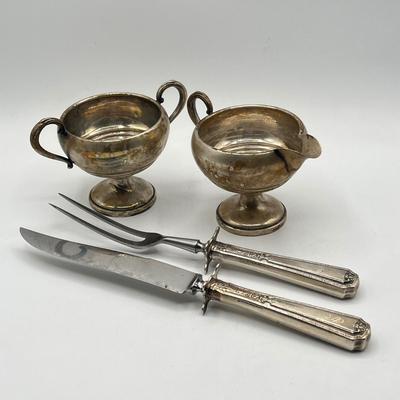 LOT 130K: Weighted Base Sterling Silver Creamer and Sugar Bowl + Sterling Handle Carving Set