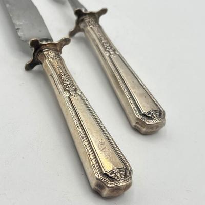 LOT 130K: Weighted Base Sterling Silver Creamer and Sugar Bowl + Sterling Handle Carving Set