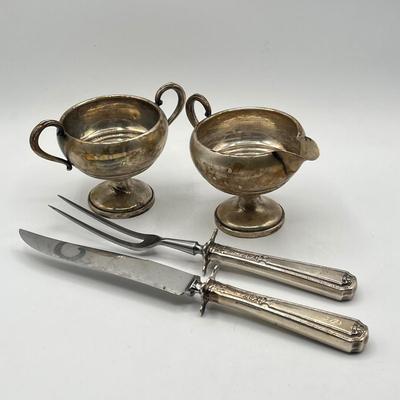 LOT 130K: Weighted Base Sterling Silver Creamer and Sugar Bowl + Sterling Handle Carving Set