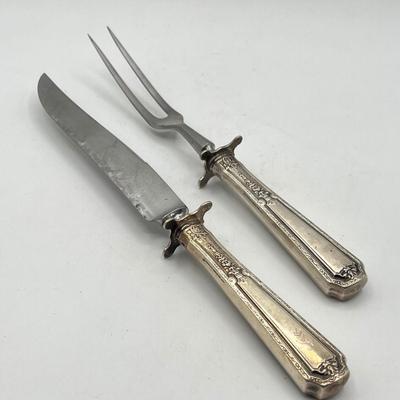 LOT 130K: Weighted Base Sterling Silver Creamer and Sugar Bowl + Sterling Handle Carving Set