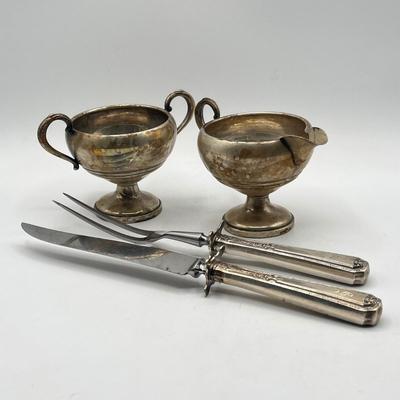 LOT 130K: Weighted Base Sterling Silver Creamer and Sugar Bowl + Sterling Handle Carving Set