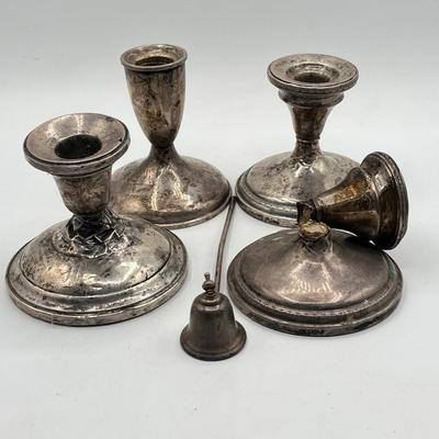 LOT 139K: Scrap Silver Lot - Sterling Candle Snuffer, Weighted Candle Holders