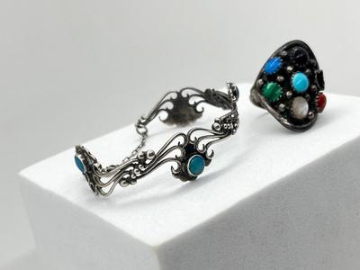LOT 161J: Sterling Silver Turquoise Bracelet and Ring - Size 7