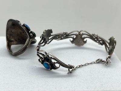 LOT 161J: Sterling Silver Turquoise Bracelet and Ring - Size 7