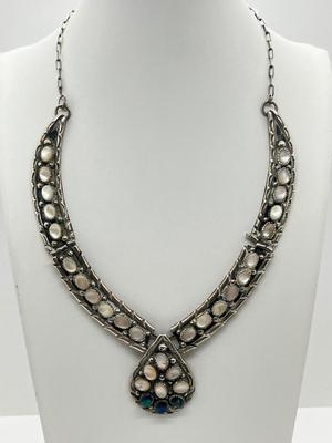 LOT 169J: Native American Sterling Silver Mother of Pearl & Abolone Necklace - 50.6 GTW possibly Navajo Artist Jerry Cowboy