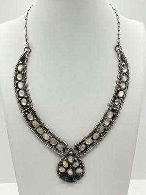 LOT 169J: Native American Sterling Silver Mother of Pearl & Abolone Necklace - 50.6 GTW possibly Navajo Artist Jerry Cowboy