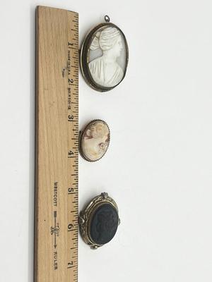 LOT 191J: Three Antique/Vintage Cameo Brooches - One Marked 10K Gold -White Mother of pearl is a Pendant/Brooch