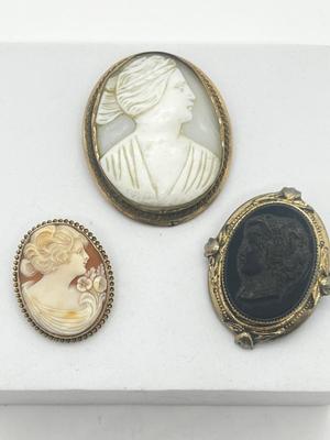 LOT 191J: Three Antique/Vintage Cameo Brooches - One Marked 10K Gold -White Mother of pearl is a Pendant/Brooch