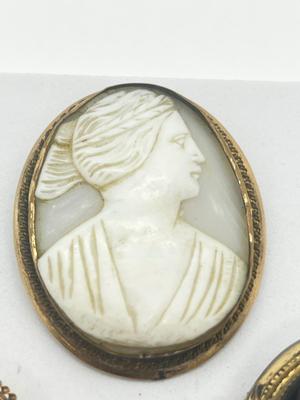 LOT 191J: Three Antique/Vintage Cameo Brooches - One Marked 10K Gold -White Mother of pearl is a Pendant/Brooch