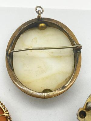 LOT 191J: Three Antique/Vintage Cameo Brooches - One Marked 10K Gold -White Mother of pearl is a Pendant/Brooch