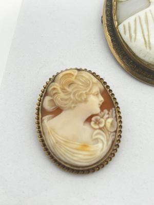 LOT 191J: Three Antique/Vintage Cameo Brooches - One Marked 10K Gold -White Mother of pearl is a Pendant/Brooch